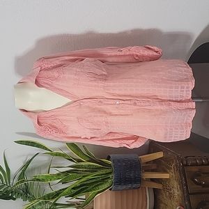 SMALL-Coral Pink Longsleeve- Button up with Lace and Applique